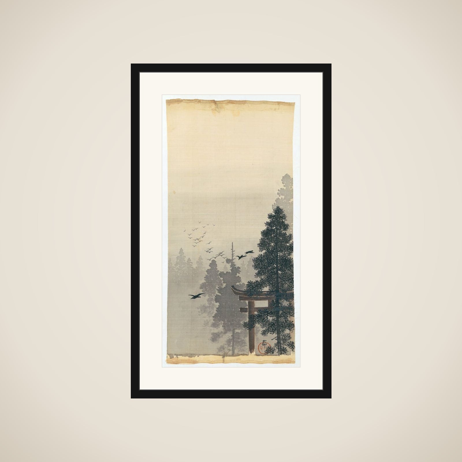 Landscape with zwerm vogels en torii framed