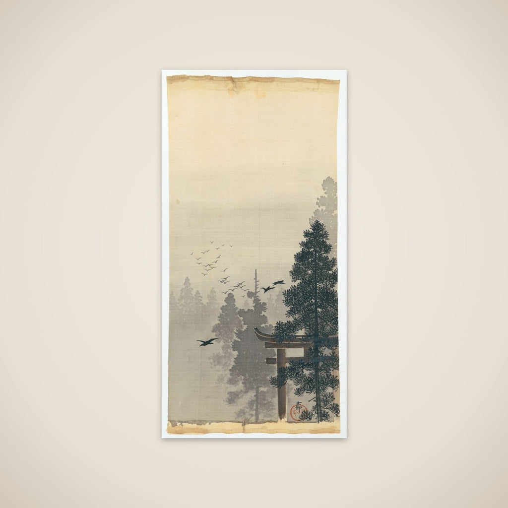 Landscape with zwerm vogels en torii unframed print