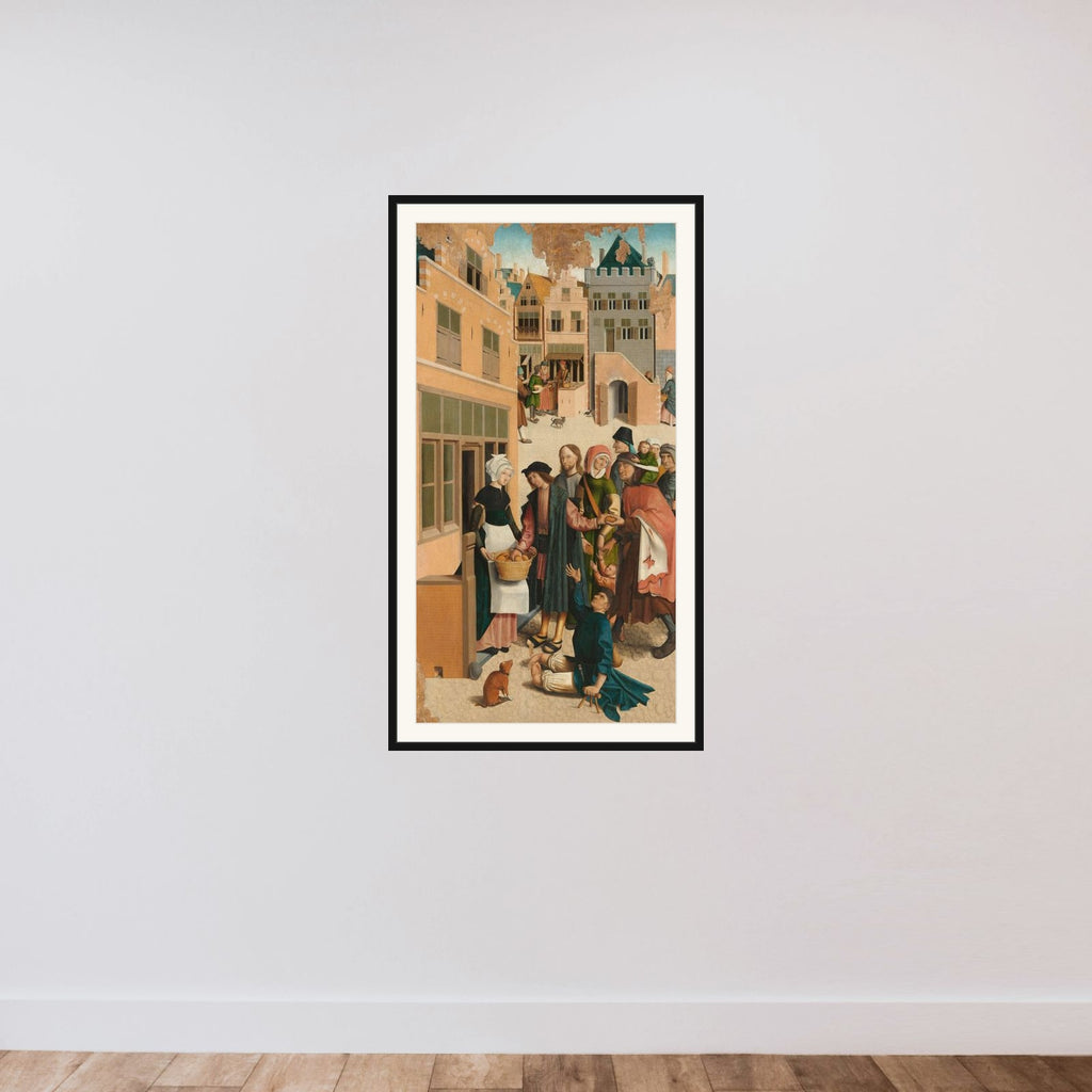 Panel of a polyptych with the seven works of charity: feeding the hungry framed — shown to scale