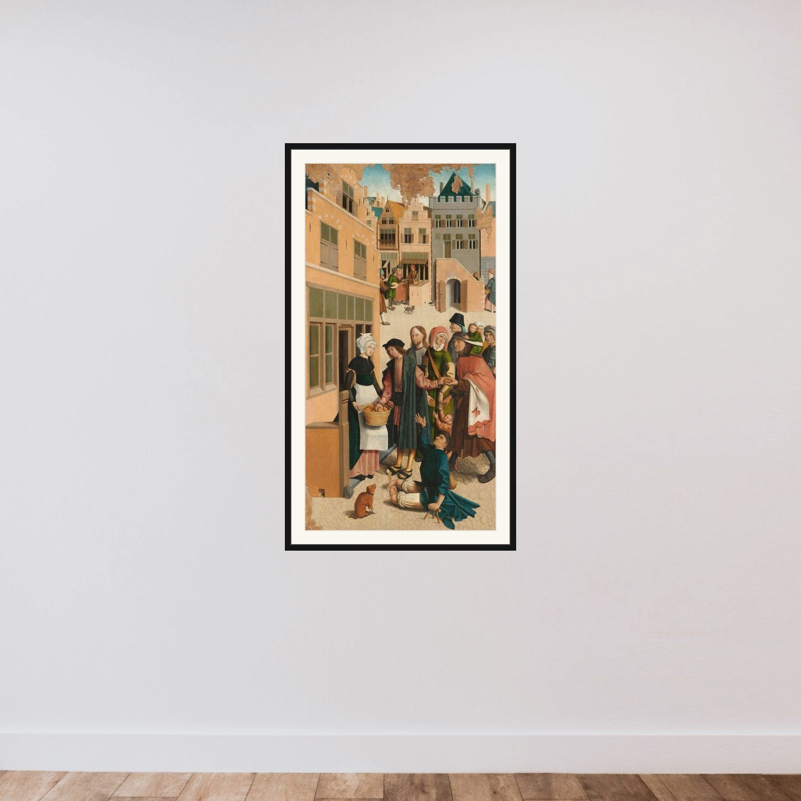 Panel of a polyptych with the seven works of charity: feeding the hungry framed — shown to scale