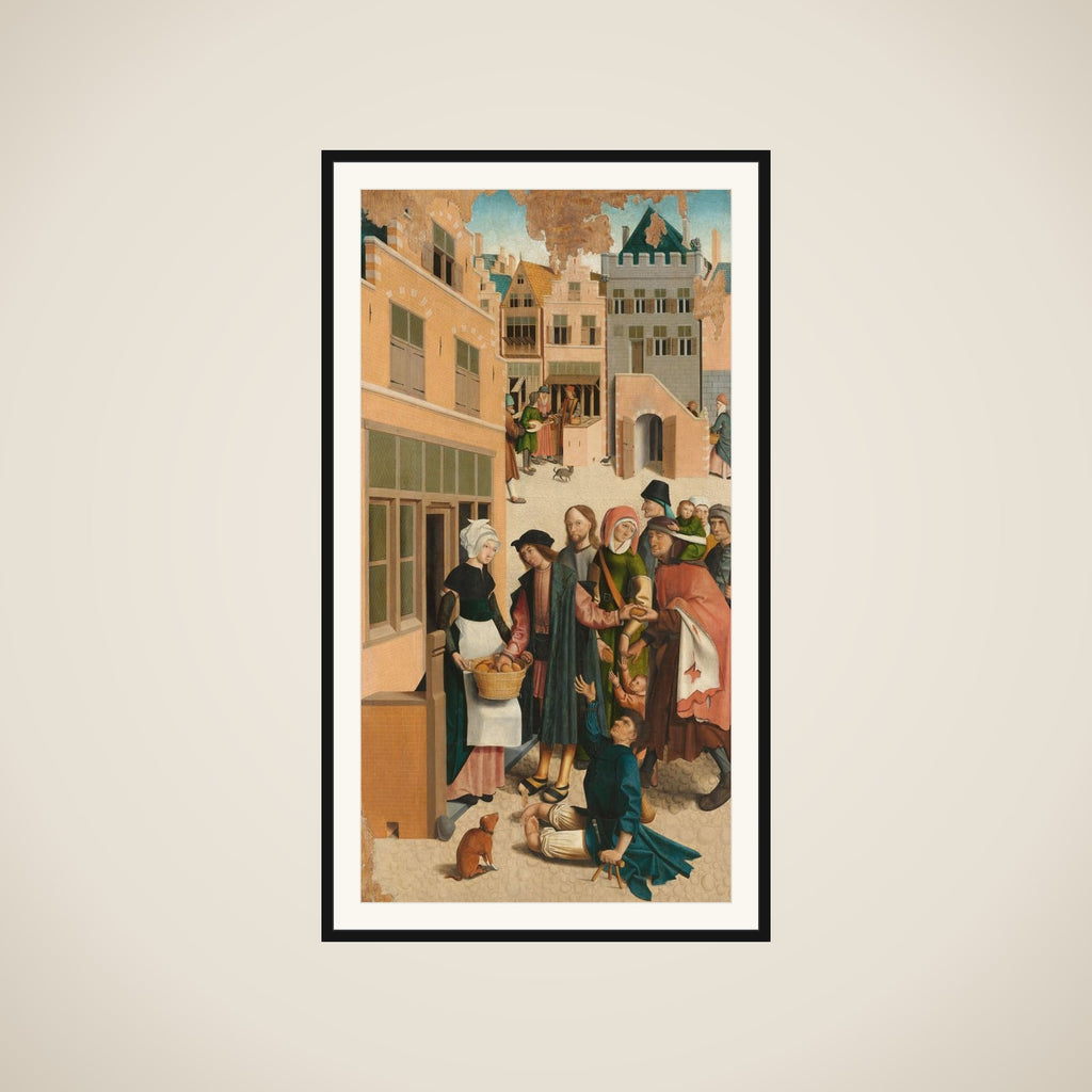 Panel of a polyptych with the seven works of charity: feeding the hungry framed