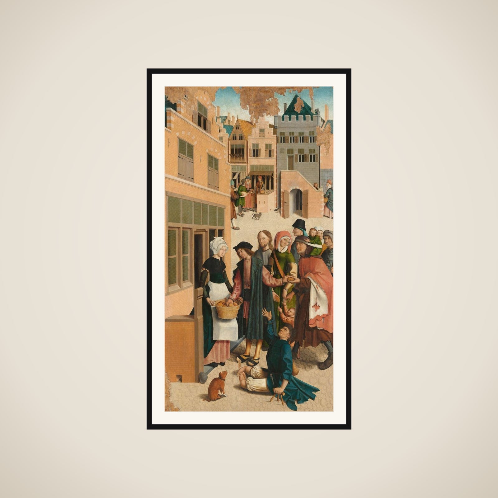 Panel of a polyptych with the seven works of charity: feeding the hungry framed