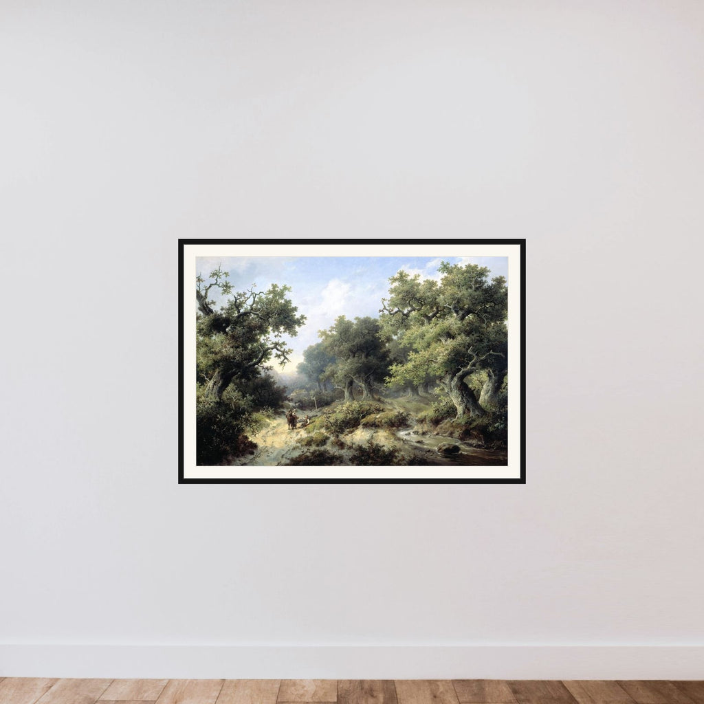 Boslandschap met reizigers framed — shown to scale