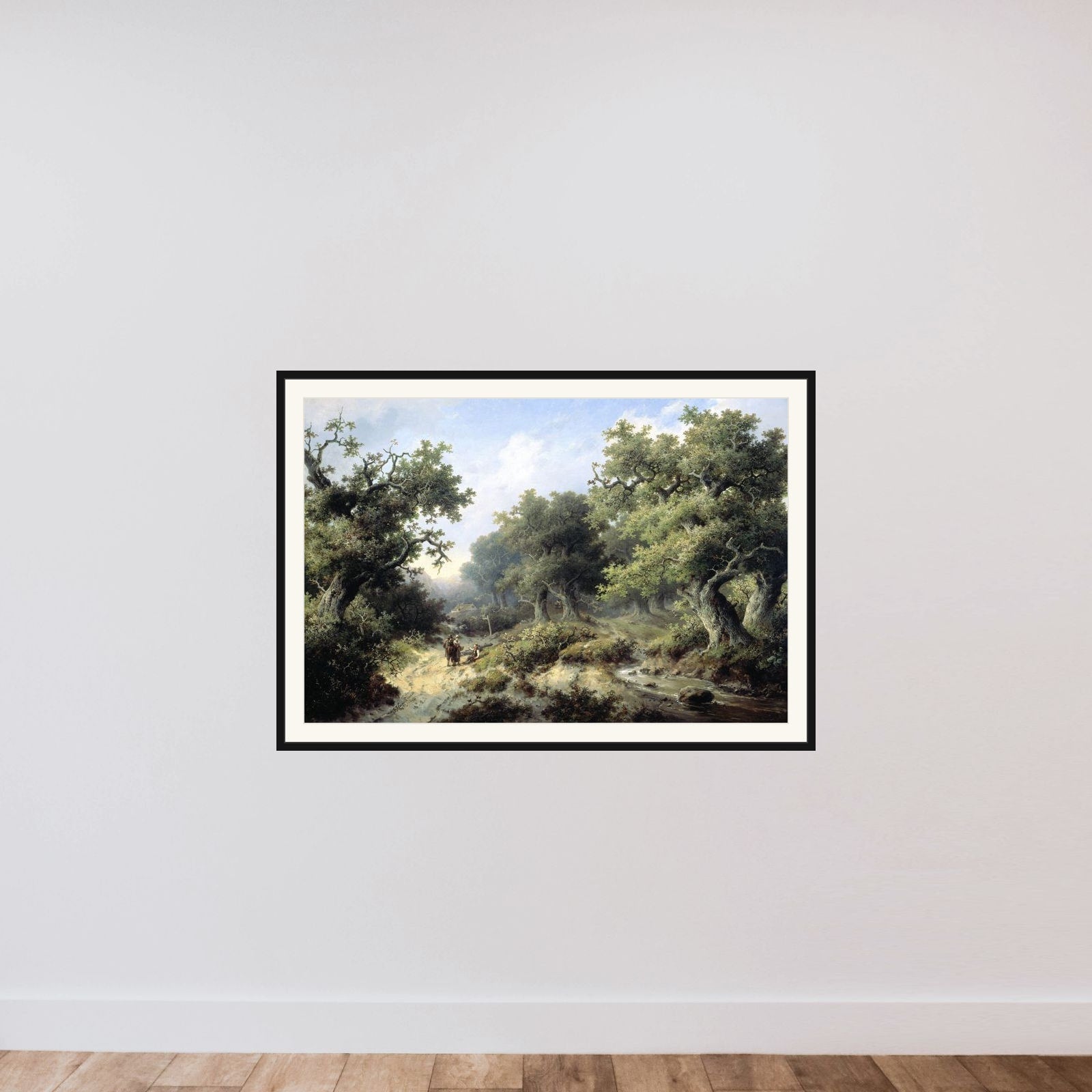 Boslandschap met reizigers framed — shown to scale