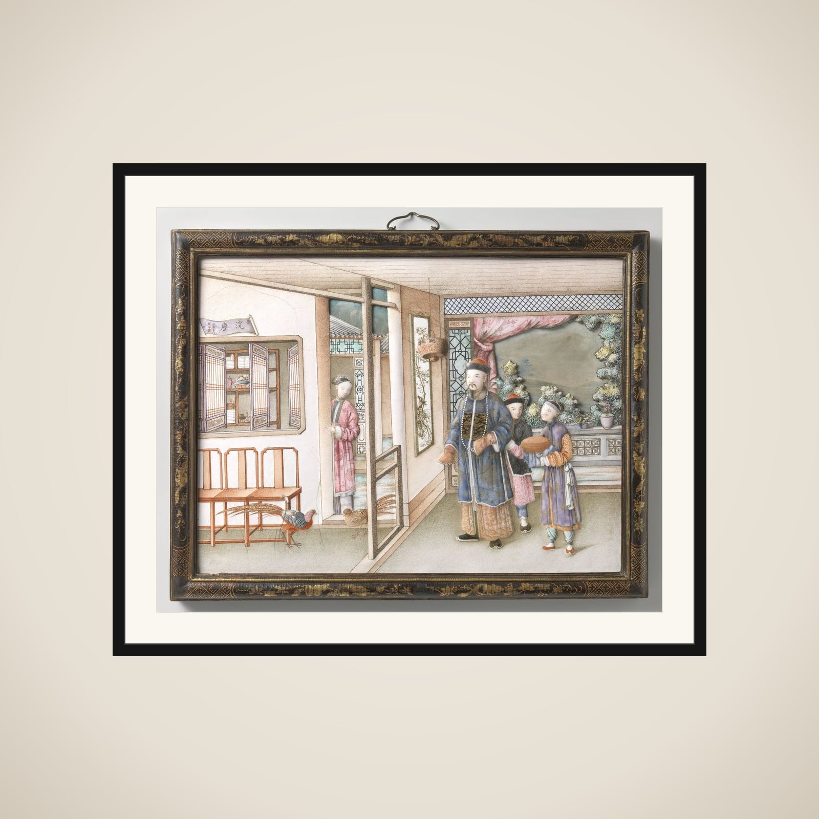 Plaque depicting a mandarin’s visit framed