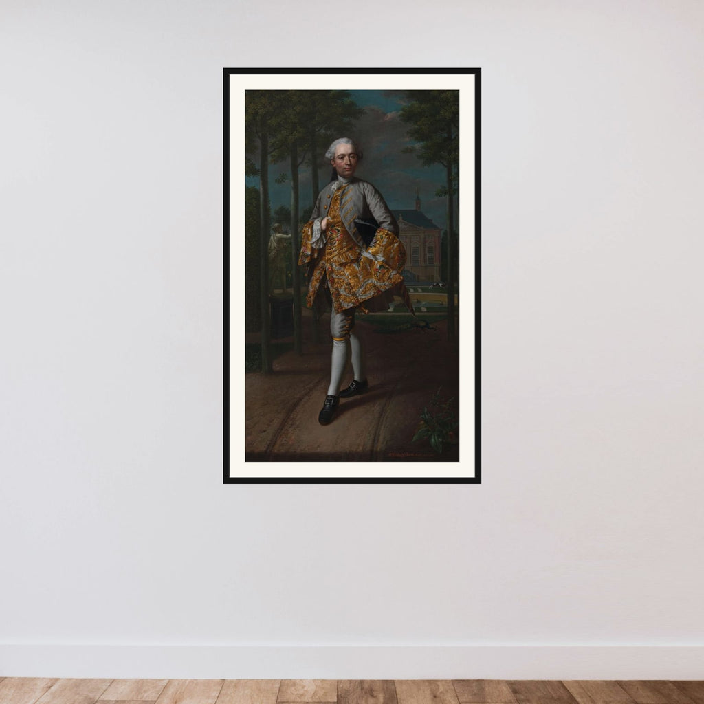 Gerard Cornelis van Riebeeck (1722-1759), Secretary of Delft, presumably standing in front of his Country House Essensteyn at Voorburg framed — shown to scale