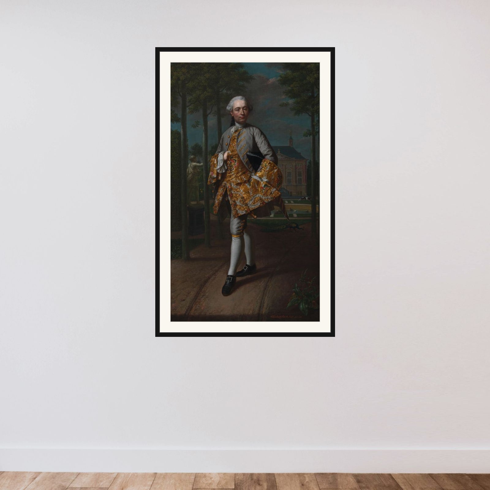 Gerard Cornelis van Riebeeck (1722-1759), Secretary of Delft, presumably standing in front of his Country House Essensteyn at Voorburg framed — shown to scale