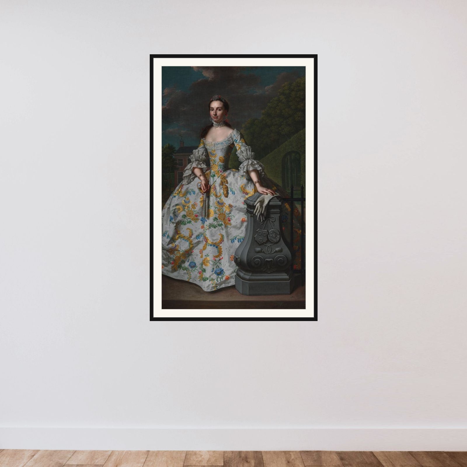 Portrait of Charlotte Beatrix Strick van Linschoten (b. 1732), second Wife of Gerard Cornelis van Riebeeck, presumably standing in front of her country House Eemwijck at Voorburg framed — shown to scale