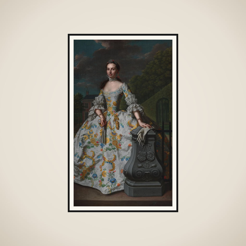 Portrait of Charlotte Beatrix Strick van Linschoten (b. 1732), second Wife of Gerard Cornelis van Riebeeck, presumably standing in front of her country House Eemwijck at Voorburg framed