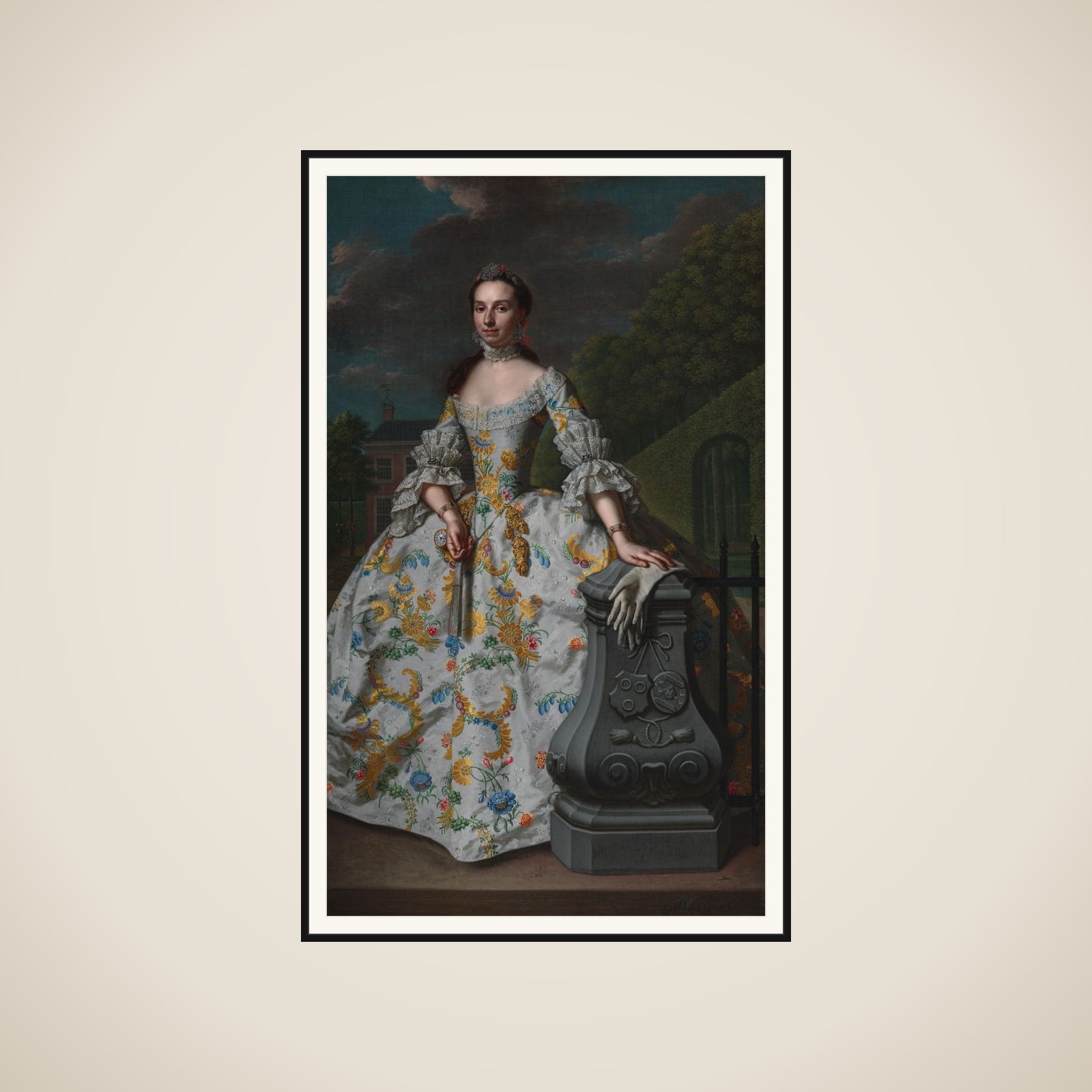 Portrait of Charlotte Beatrix Strick van Linschoten (b. 1732), second Wife of Gerard Cornelis van Riebeeck, presumably standing in front of her country House Eemwijck at Voorburg framed