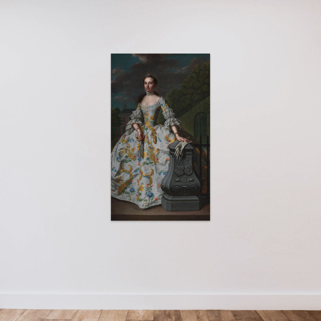 Portrait of Charlotte Beatrix Strick van Linschoten (b. 1732), second Wife of Gerard Cornelis van Riebeeck, presumably standing in front of her country House Eemwijck at Voorburg unframed — shown to scale