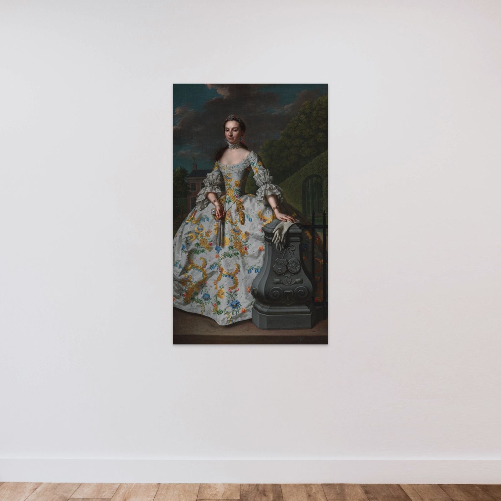 Portrait of Charlotte Beatrix Strick van Linschoten (b. 1732), second Wife of Gerard Cornelis van Riebeeck, presumably standing in front of her country House Eemwijck at Voorburg unframed — shown to scale
