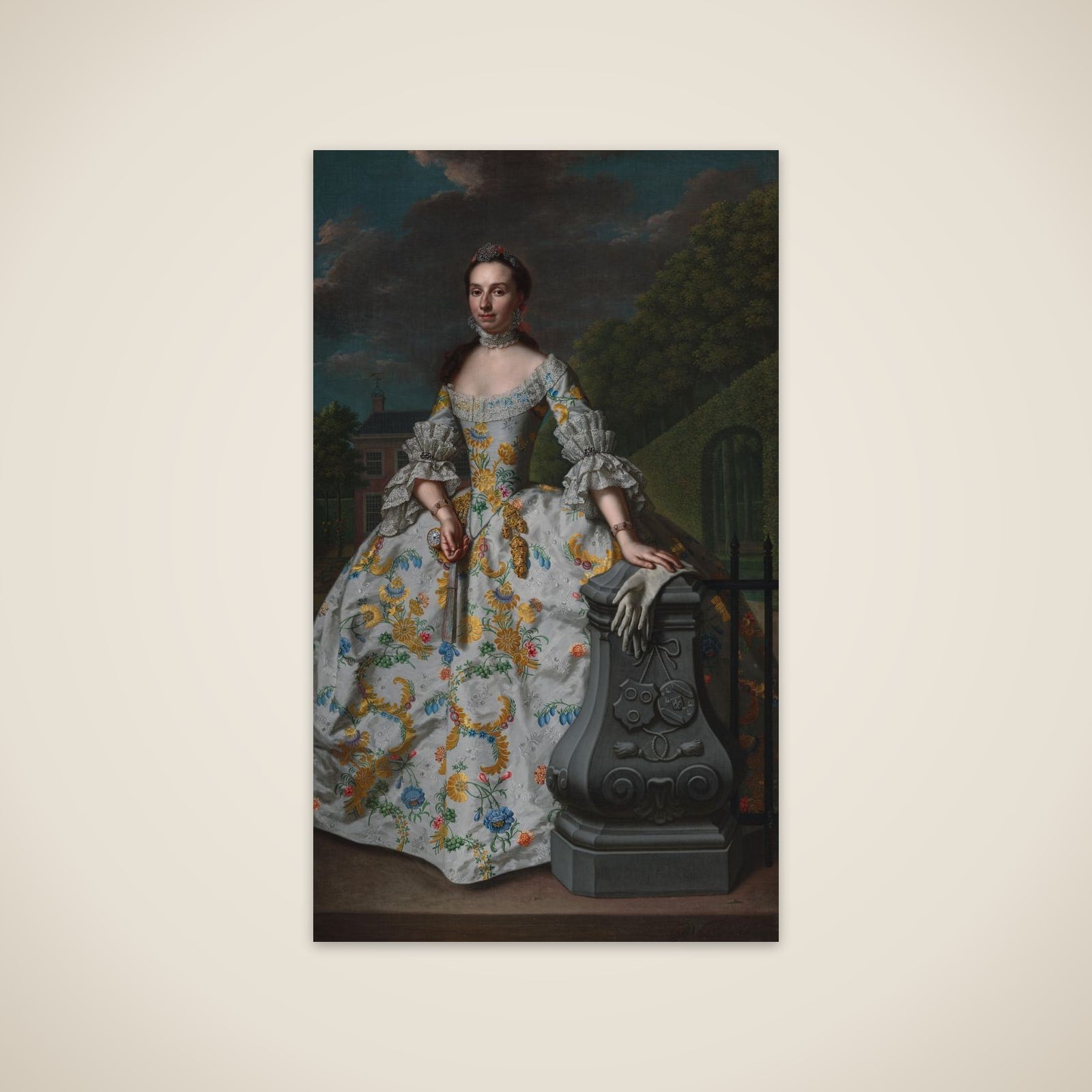 Portrait of Charlotte Beatrix Strick van Linschoten (b. 1732), second Wife of Gerard Cornelis van Riebeeck, presumably standing in front of her country House Eemwijck at Voorburg unframed print