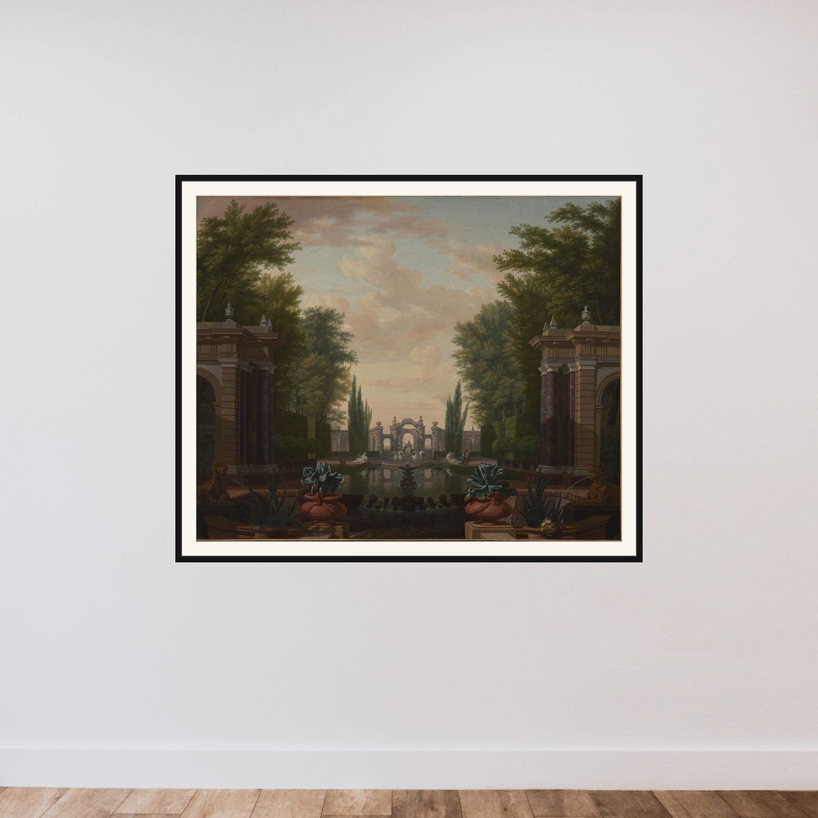 Water Terrace with Statues and Fountains in a Park framed — shown to scale