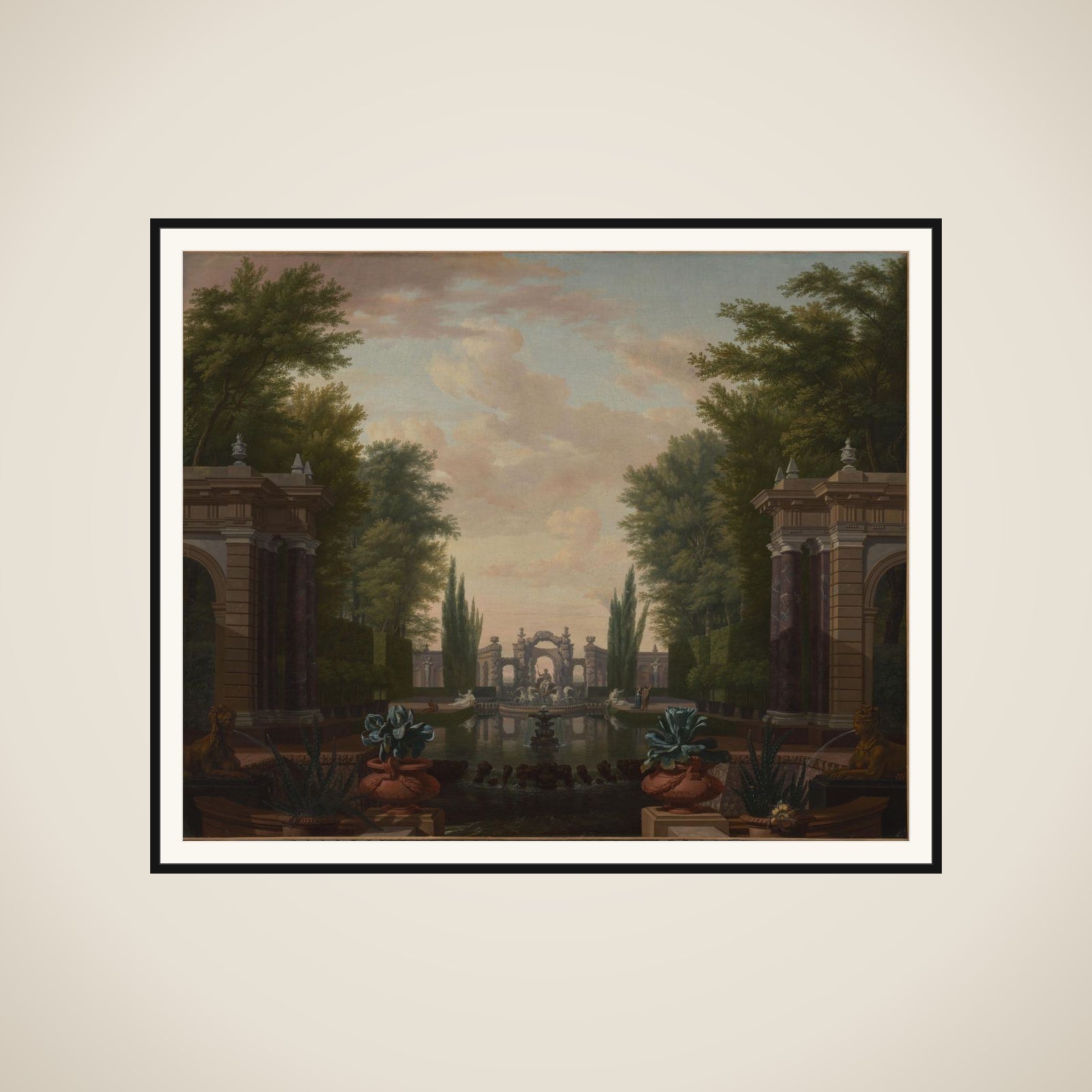 Water Terrace with Statues and Fountains in a Park framed