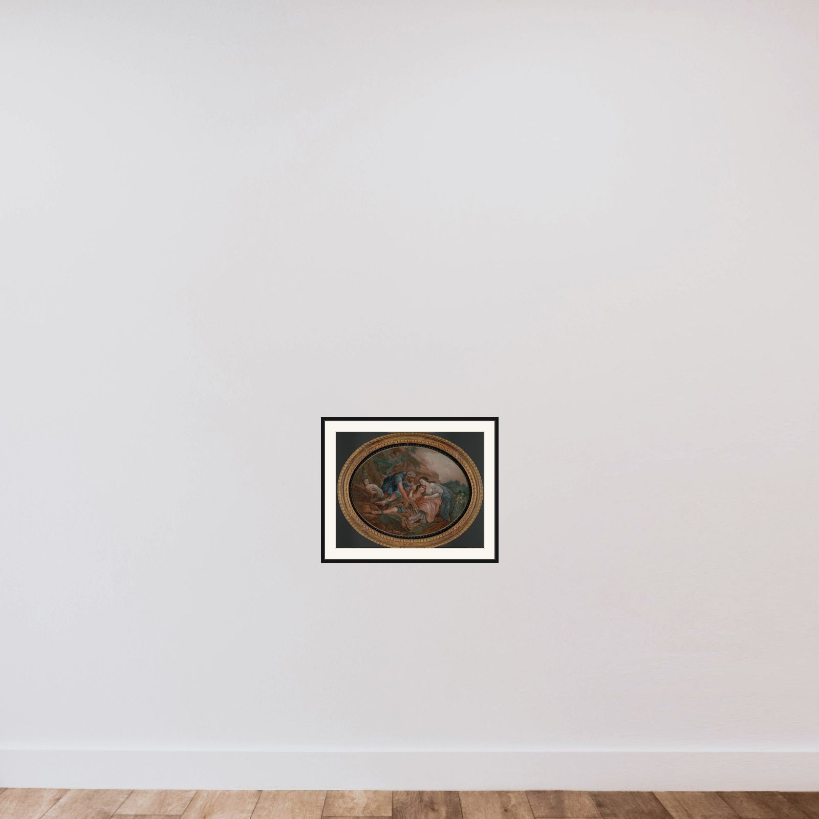 Fête galante scene framed — shown to scale