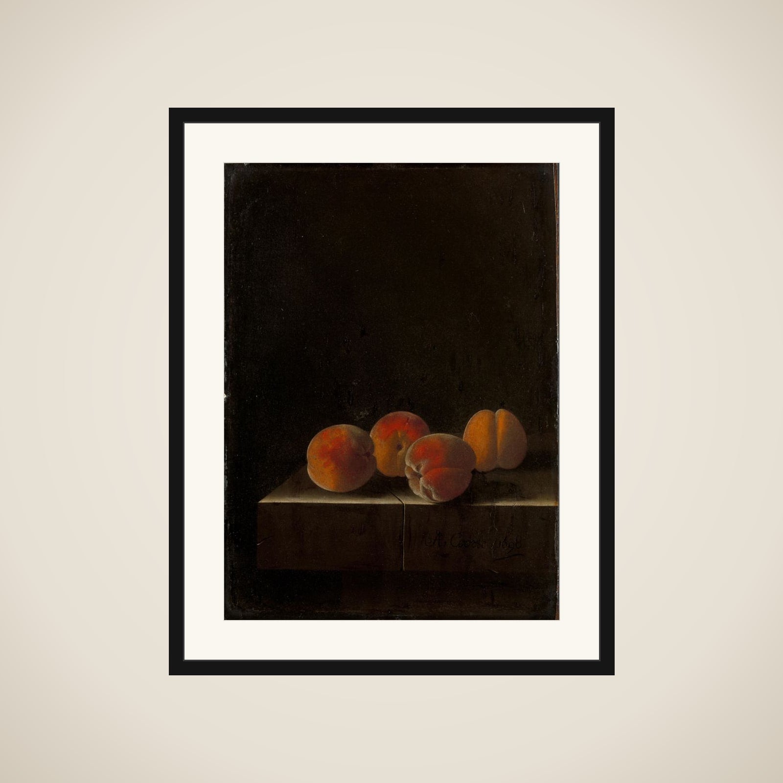 Four Apricots on a Stone Plinth framed
