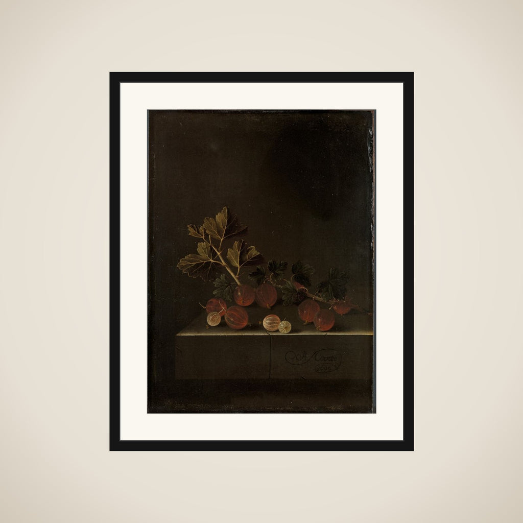 A Sprig of Gooseberries on a Stone Plinth framed