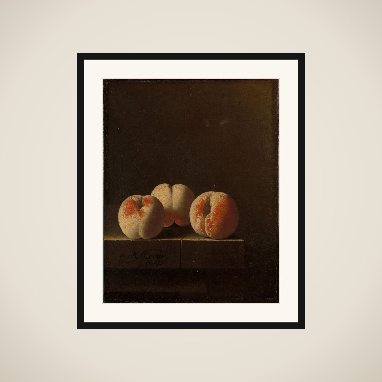 Three Peaches on a Stone Plinth framed