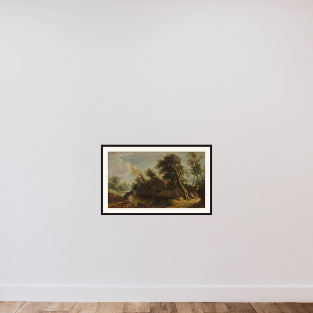 Wooded Landscape with a Wildfowler by a Stream framed — shown to scale