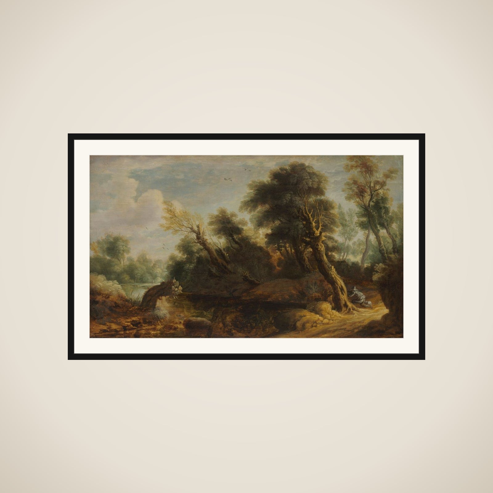 Wooded Landscape with a Wildfowler by a Stream framed