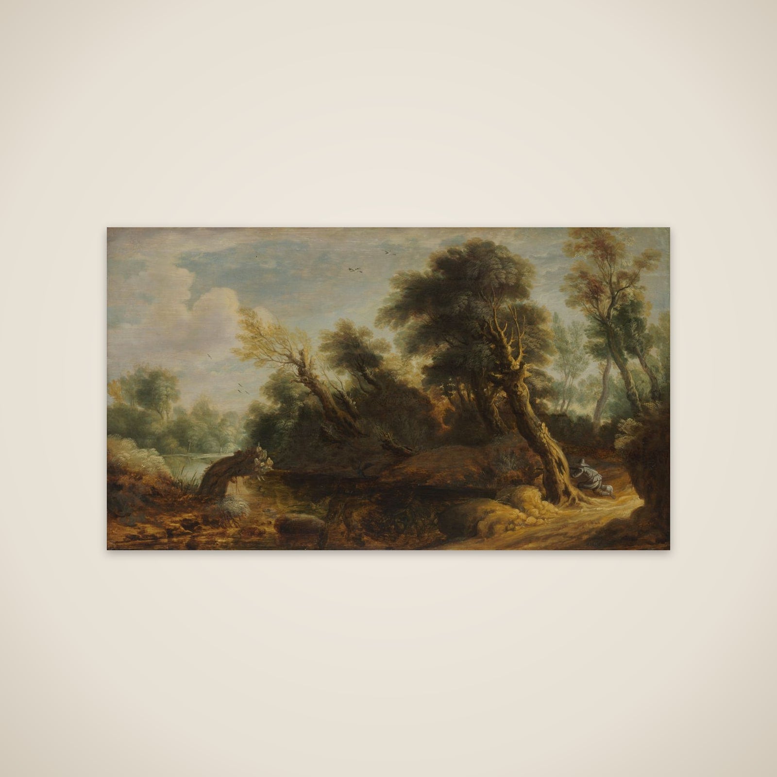 Wooded Landscape with a Wildfowler by a Stream unframed print