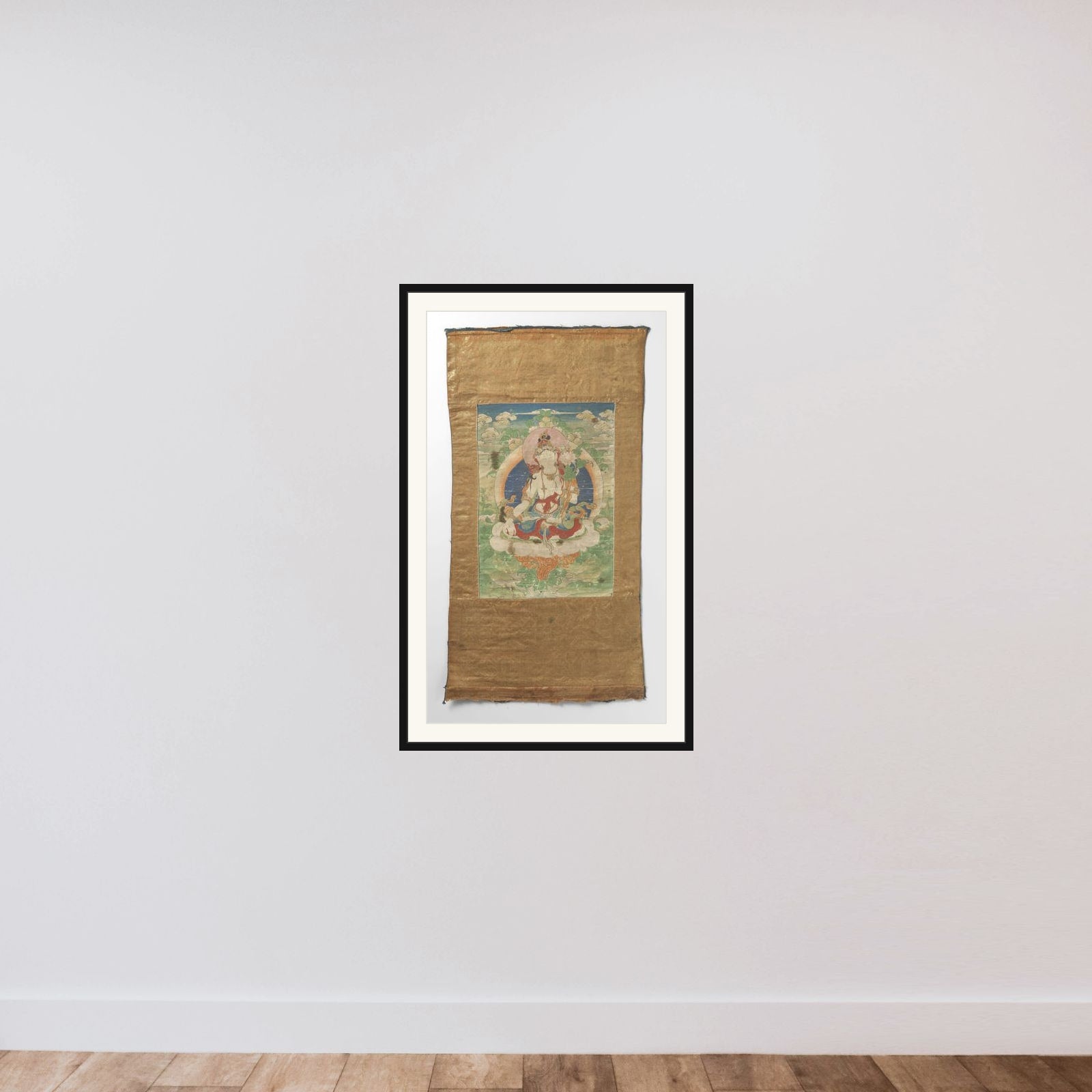 Tangka met een voorstelling van de Witte Tara framed — shown to scale