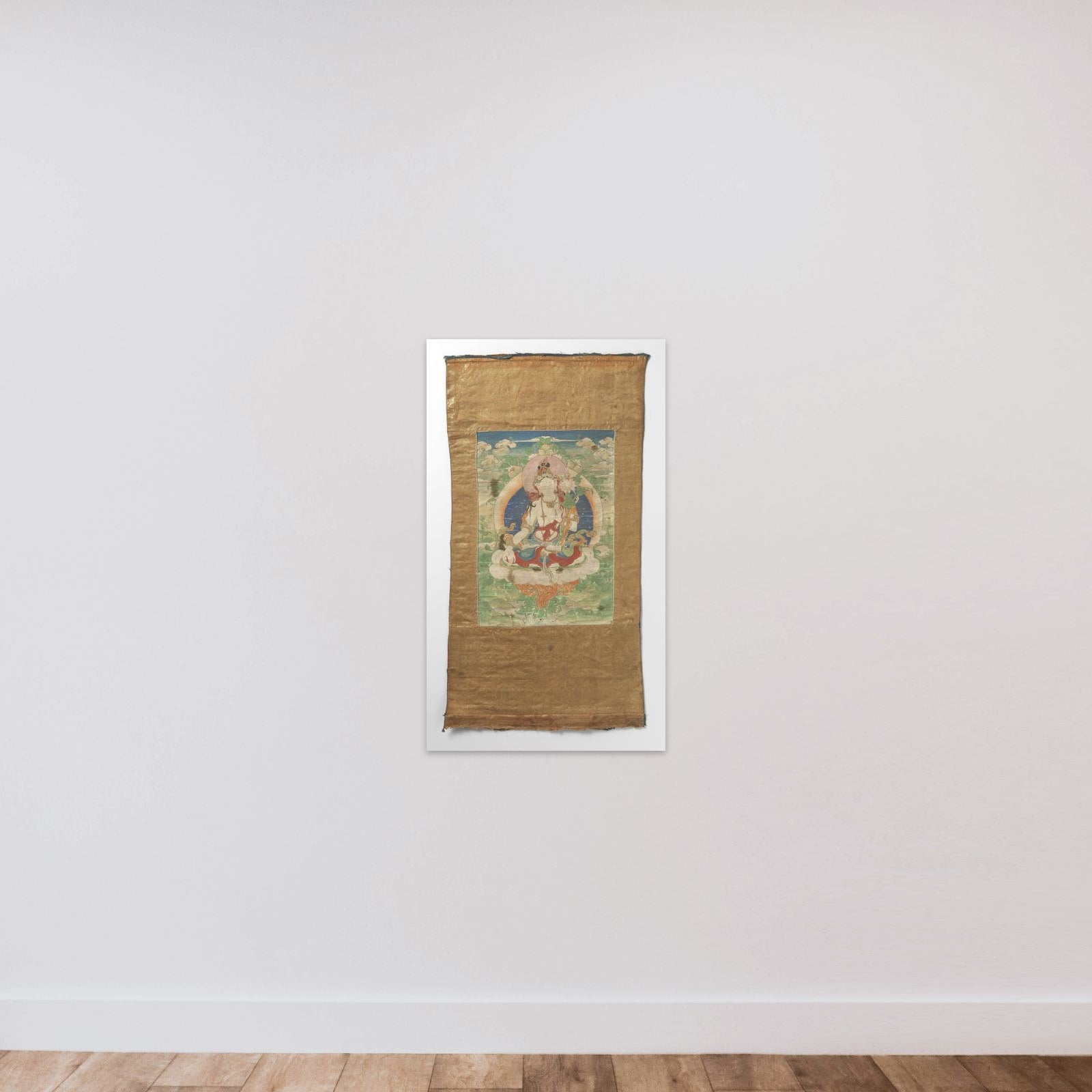 Tangka met een voorstelling van de Witte Tara unframed — shown to scale