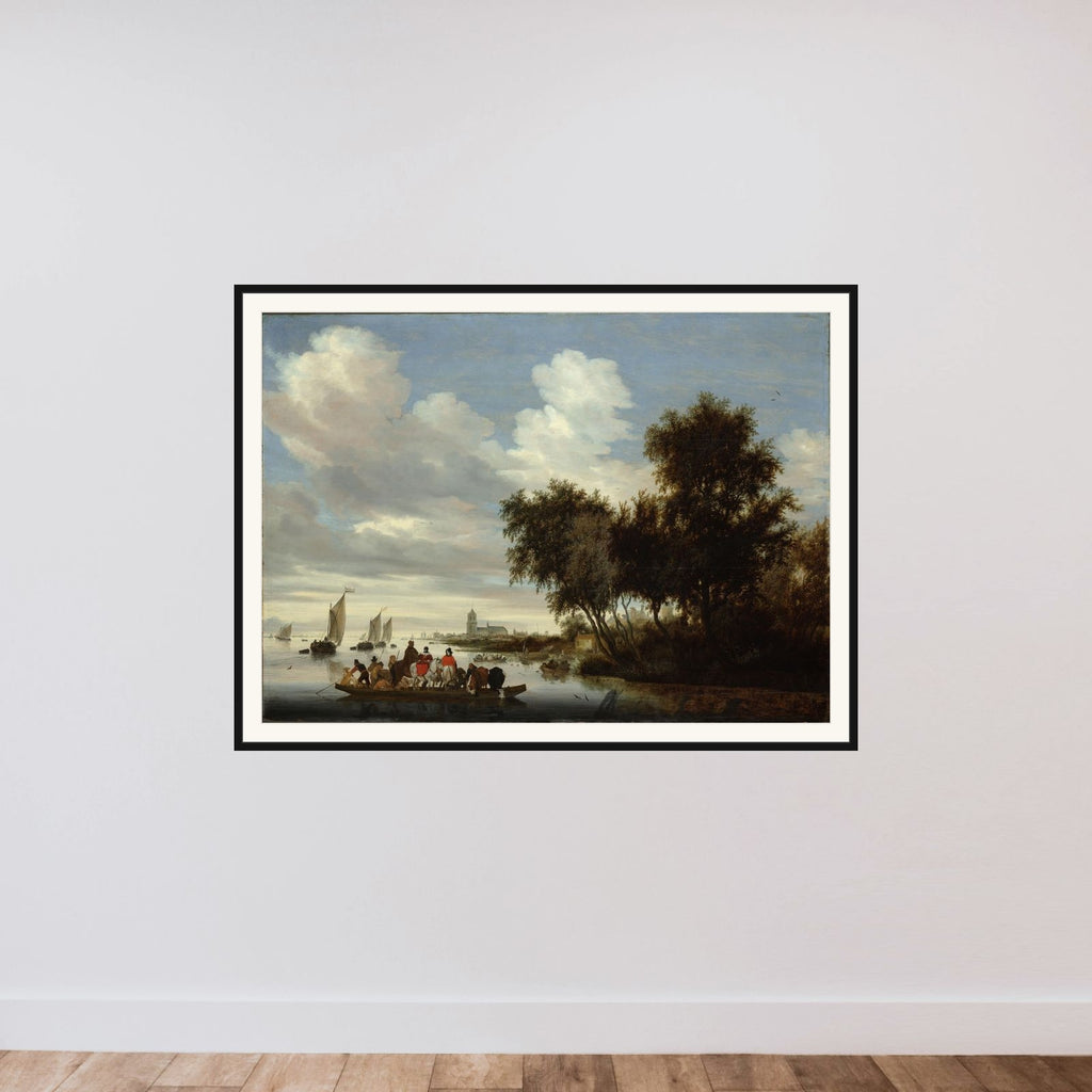 River Landscape with Ferry framed — shown to scale