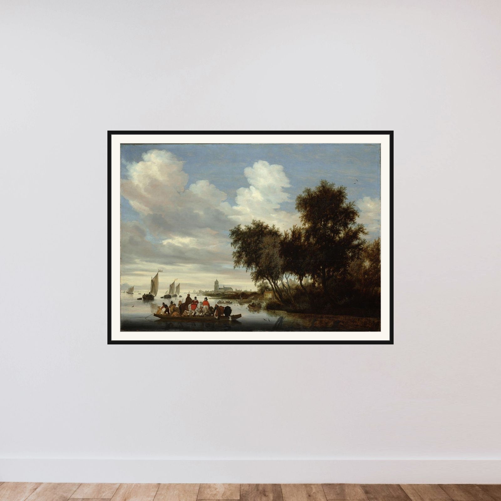 River Landscape with Ferry framed — shown to scale