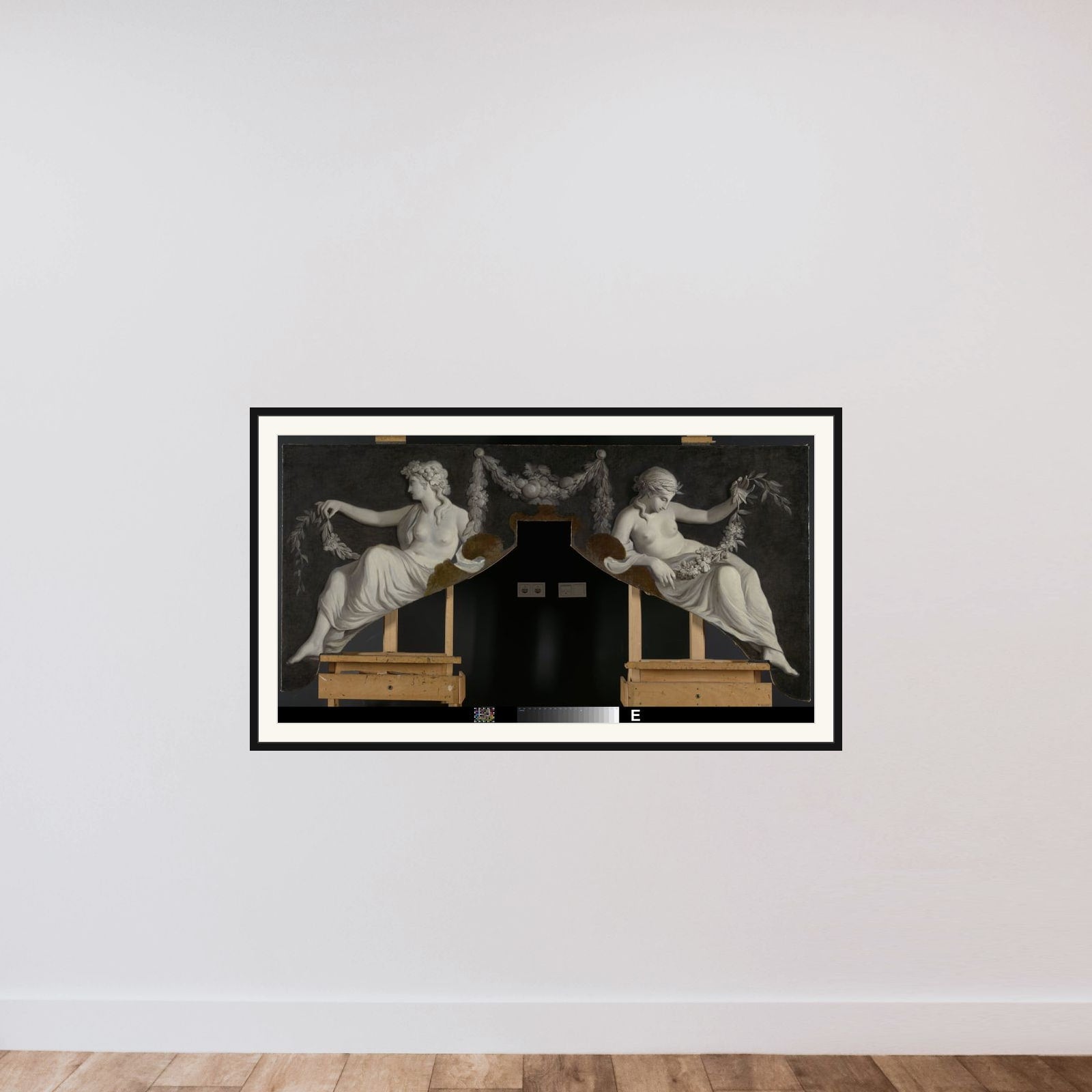 Overdoor with Representation of Two Reclining Women with Garlands framed — shown to scale