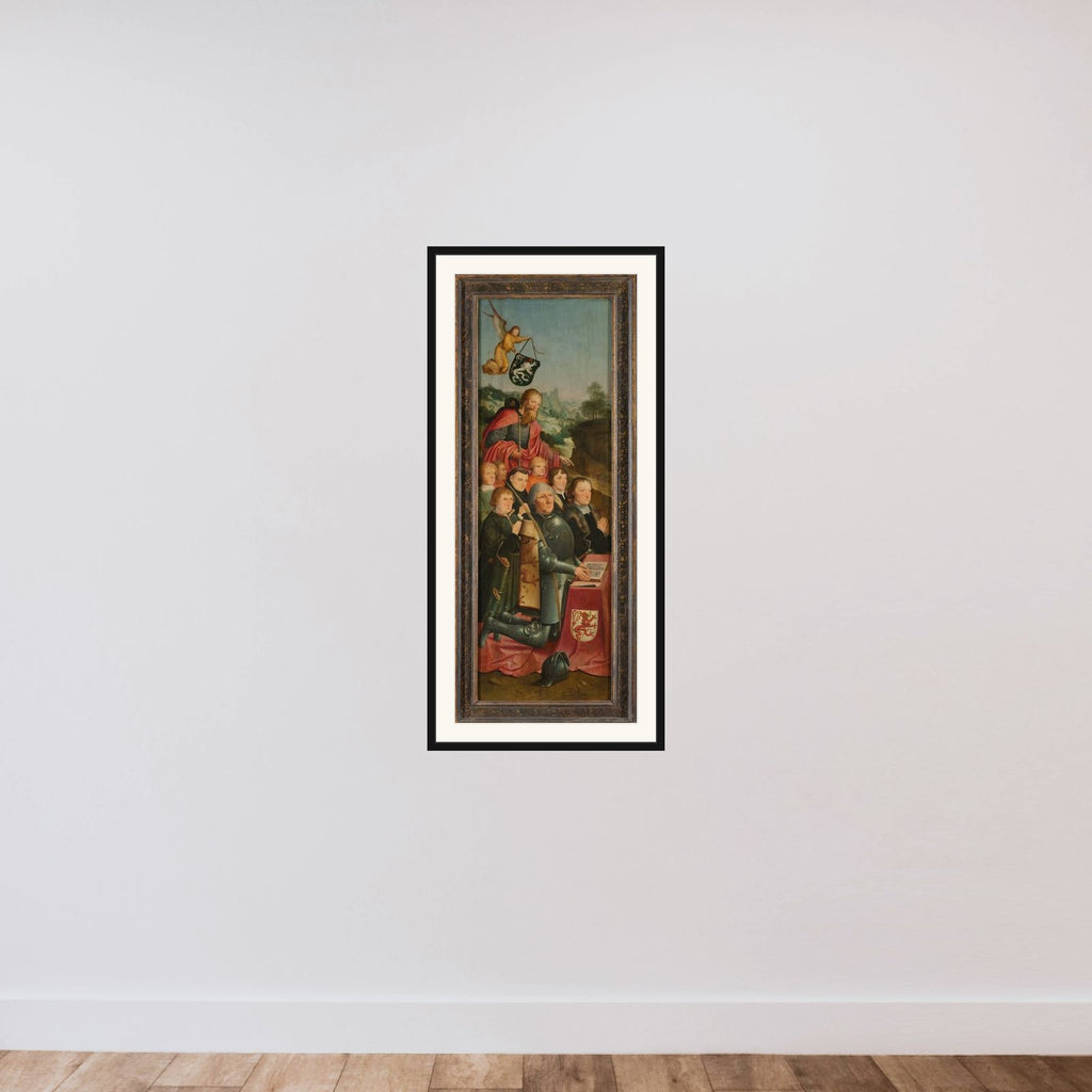 Memorial Panel with Eight Male Portraits, probably Willem Jelysz van Soutelande and Family, with Saint James the Greater and the Van Soutelande Family Crest, inner left wing of an altarpiece framed — shown to scale