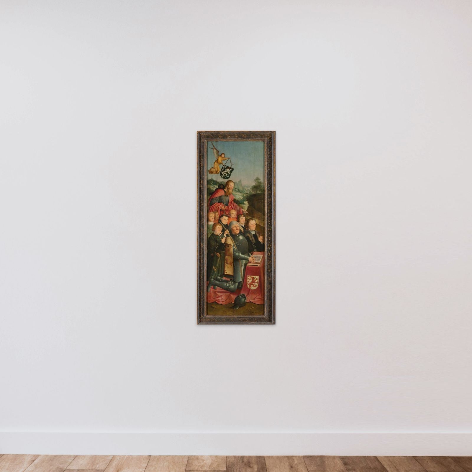 Memorial Panel with Eight Male Portraits, probably Willem Jelysz van Soutelande and Family, with Saint James the Greater and the Van Soutelande Family Crest, inner left wing of an altarpiece unframed — shown to scale