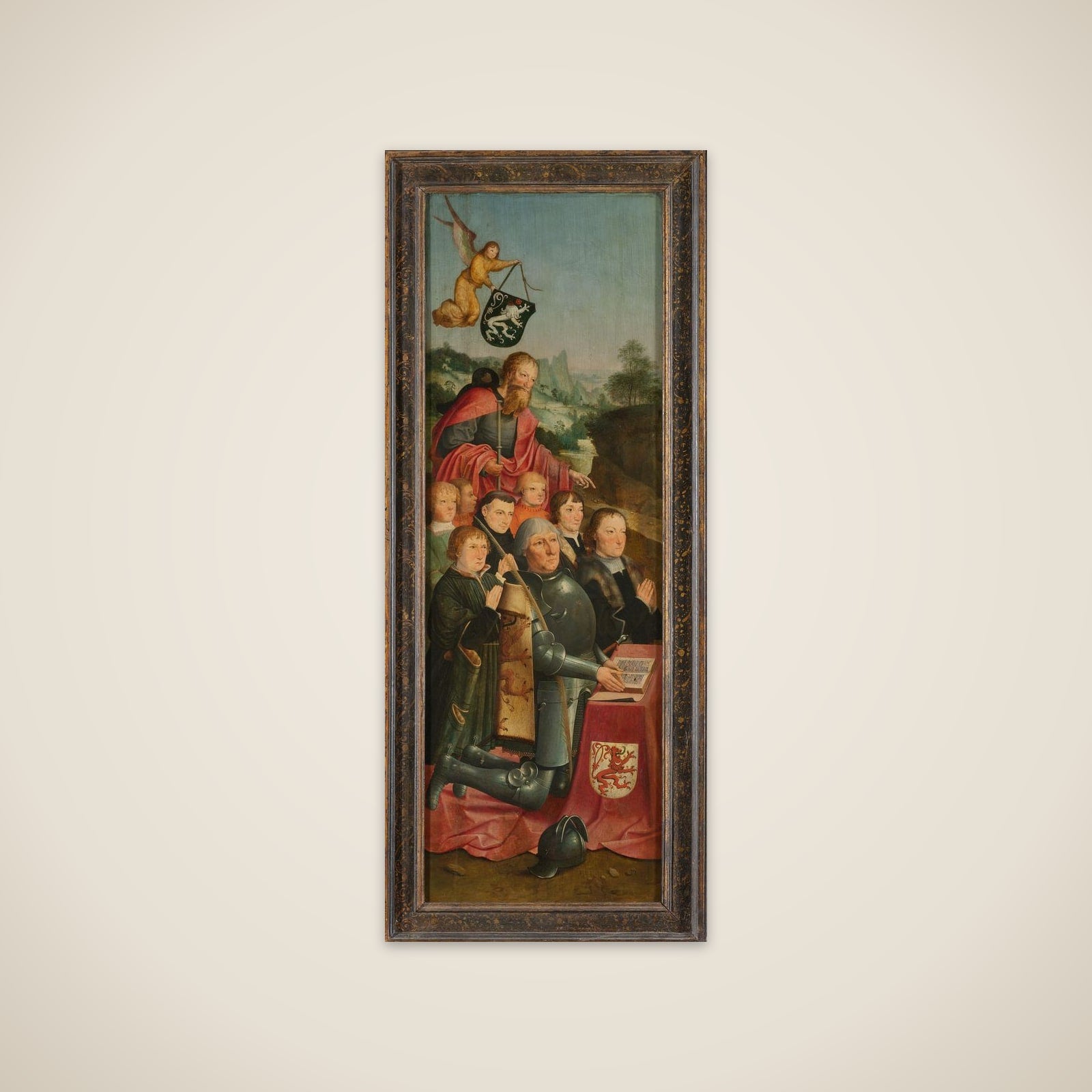 Memorial Panel with Eight Male Portraits, probably Willem Jelysz van Soutelande and Family, with Saint James the Greater and the Van Soutelande Family Crest, inner left wing of an altarpiece unframed print