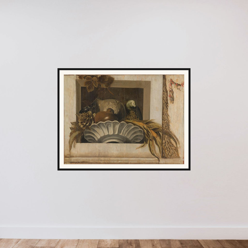 Still Life with a Bowl of Corn, Artichokes, Grapes and a Parrot framed — shown to scale