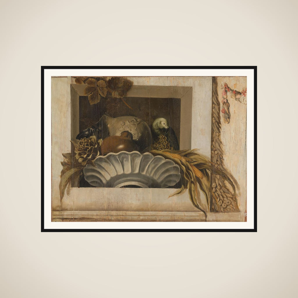 Still Life with a Bowl of Corn, Artichokes, Grapes and a Parrot framed