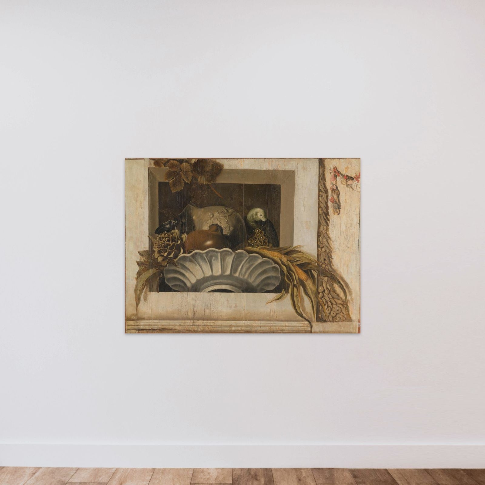 Still Life with a Bowl of Corn, Artichokes, Grapes and a Parrot unframed — shown to scale