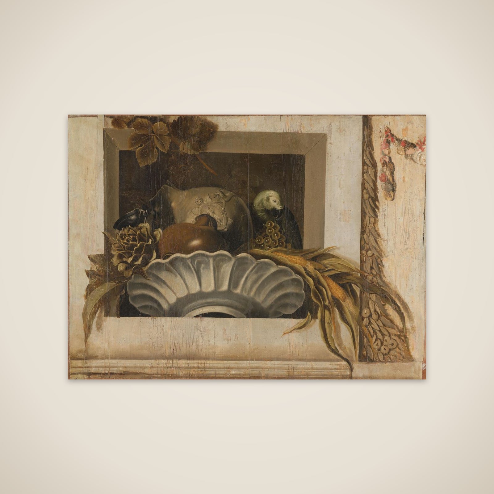 Still Life with a Bowl of Corn, Artichokes, Grapes and a Parrot unframed print