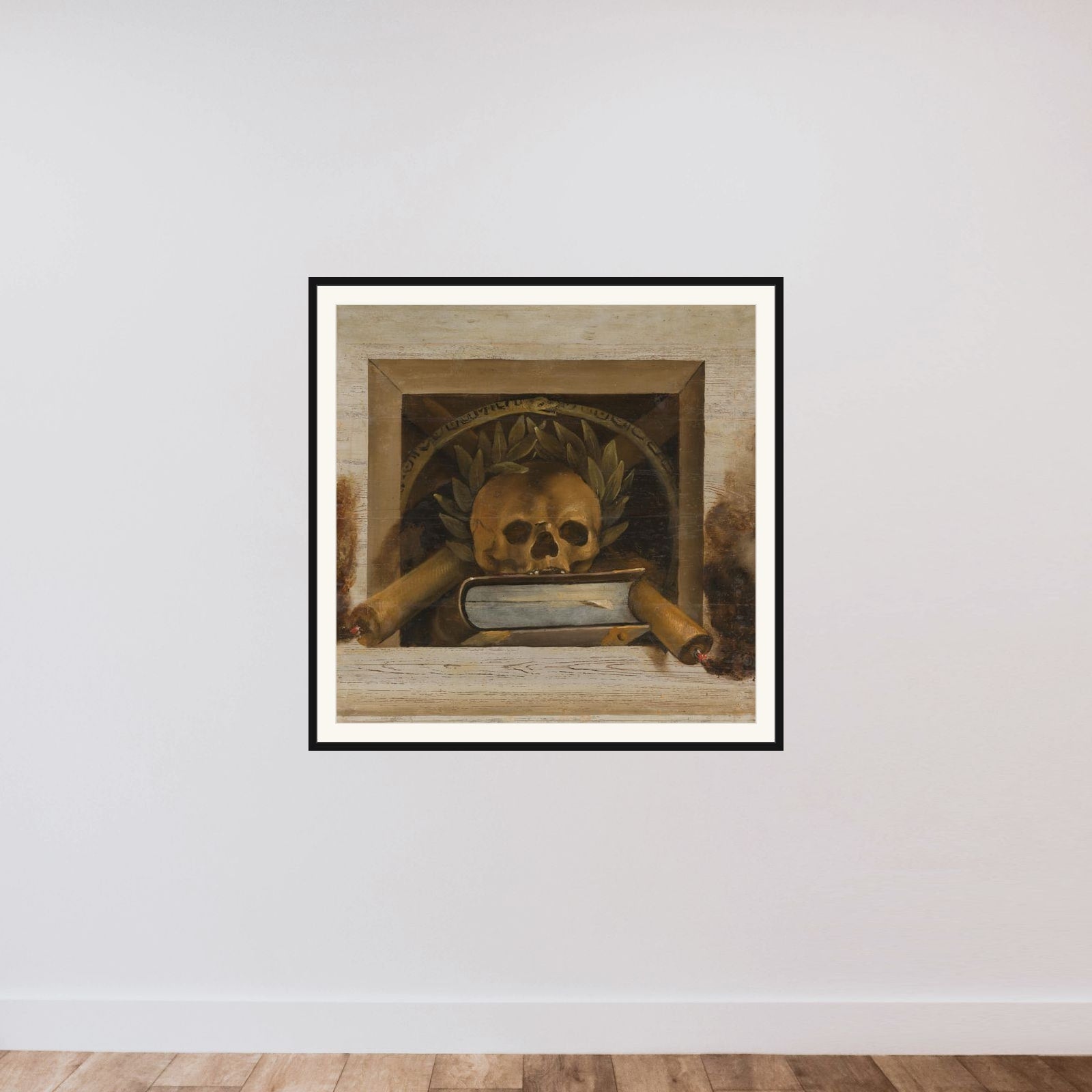 Vanitas Still Life with Scull with Laurel Wreath, Book and two Burning Candles framed — shown to scale