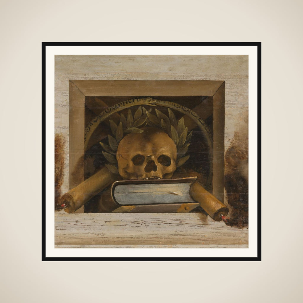 Vanitas Still Life with Scull with Laurel Wreath, Book and two Burning Candles framed