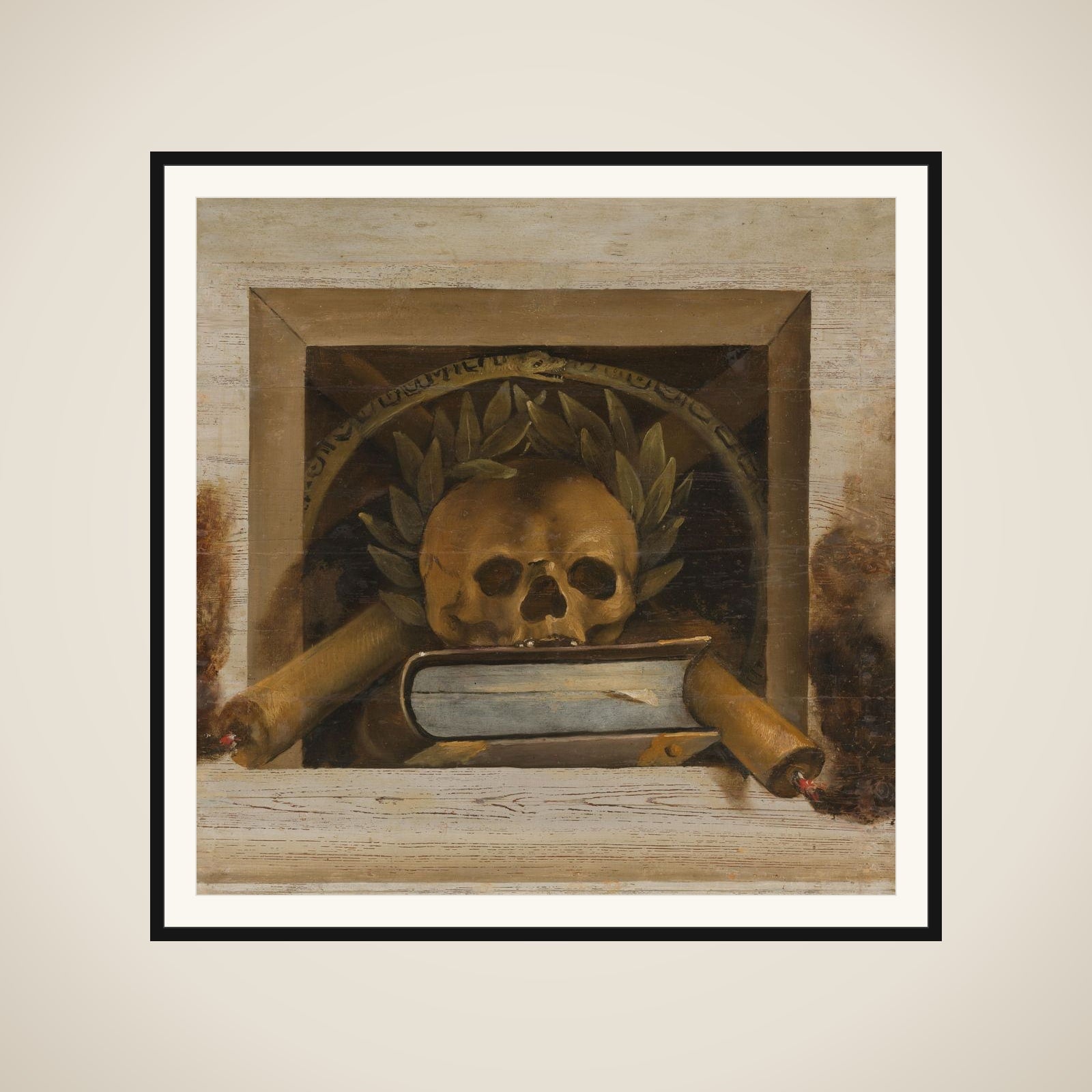 Vanitas Still Life with Scull with Laurel Wreath, Book and two Burning Candles framed