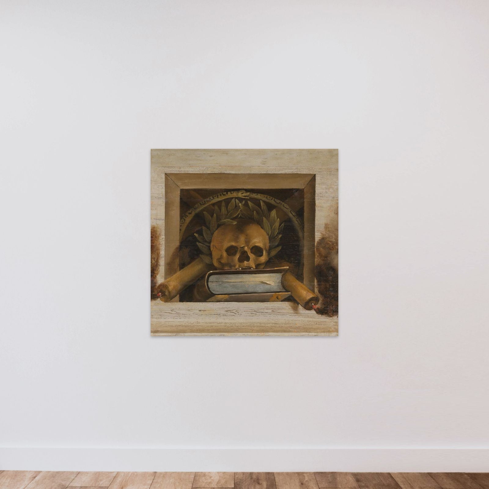 Vanitas Still Life with Scull with Laurel Wreath, Book and two Burning Candles unframed — shown to scale