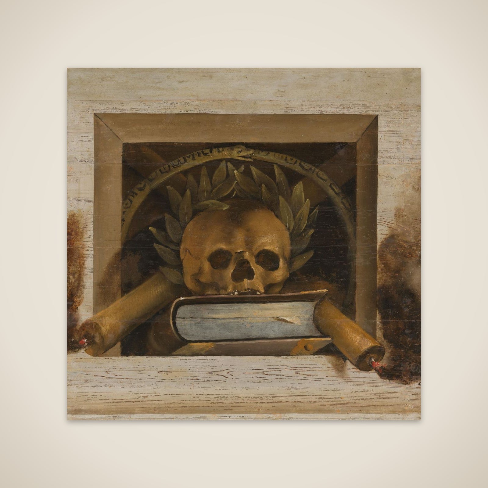 Vanitas Still Life with Scull with Laurel Wreath, Book and two Burning Candles unframed print