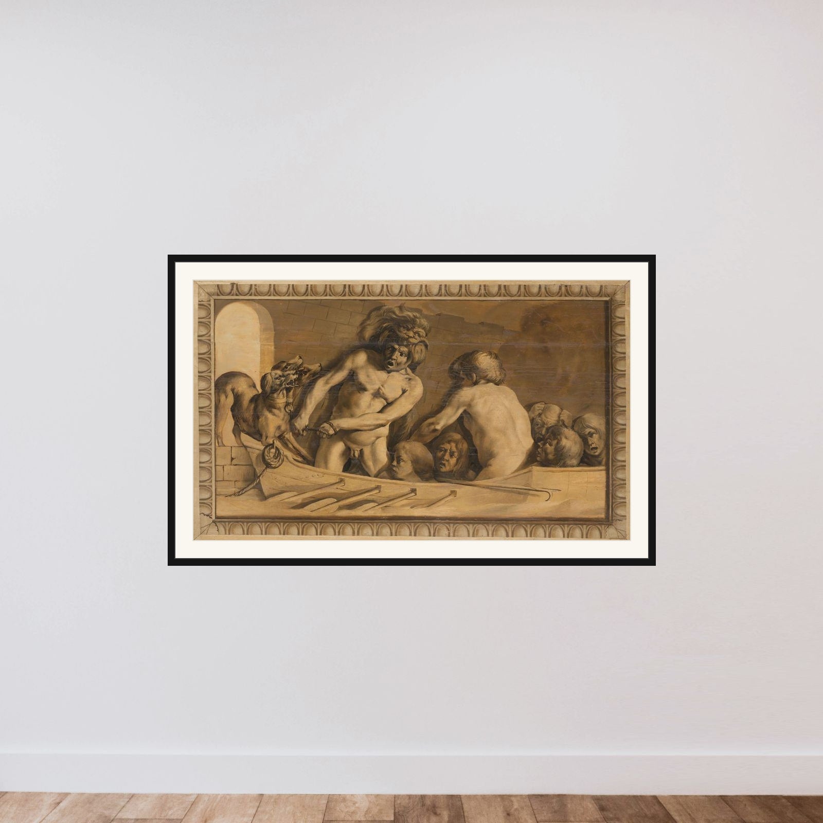 Hercules Gets Cerberus from the Underworld (Charon, the Ferryman of the Styx) framed — shown to scale