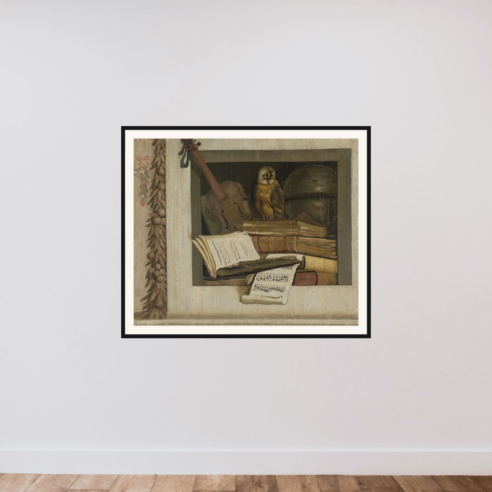 Still Life with Books, Sheet Music, Violin, Celestial Globe and an Owl framed — shown to scale