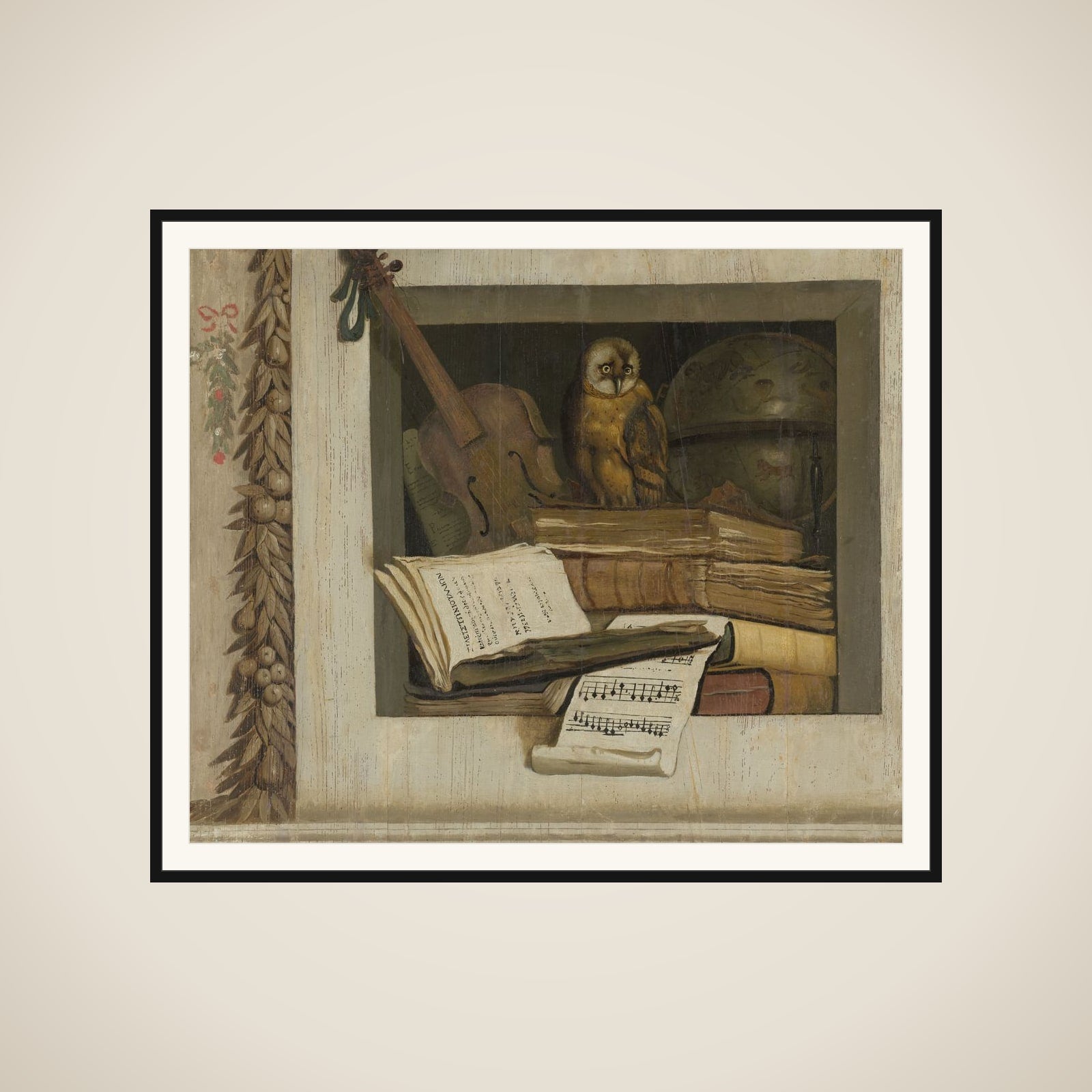 Still Life with Books, Sheet Music, Violin, Celestial Globe and an Owl framed