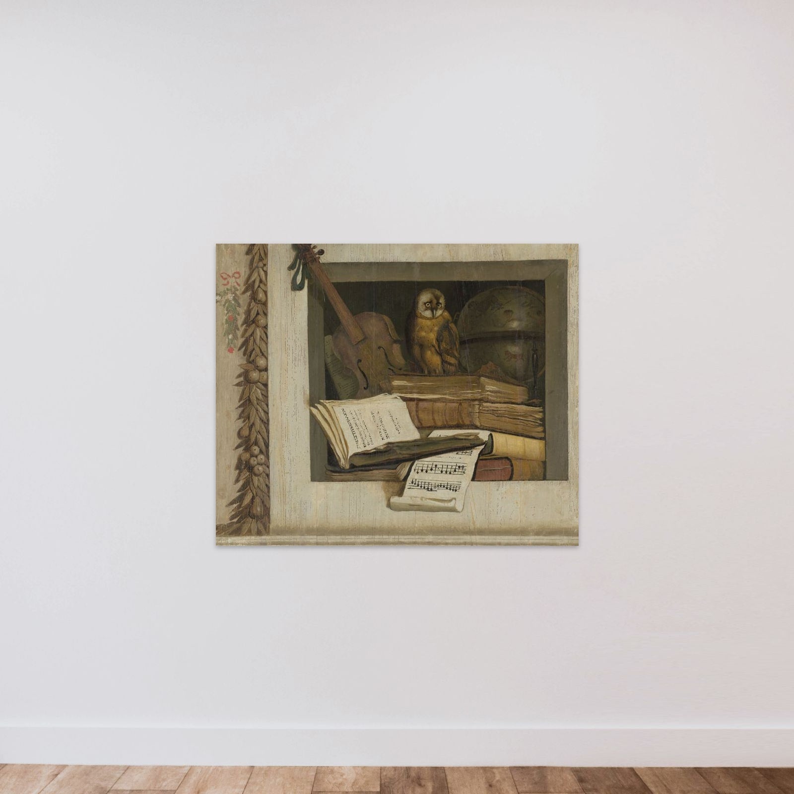 Still Life with Books, Sheet Music, Violin, Celestial Globe and an Owl unframed — shown to scale