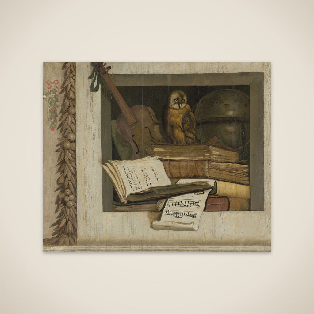 Still Life with Books, Sheet Music, Violin, Celestial Globe and an Owl unframed print