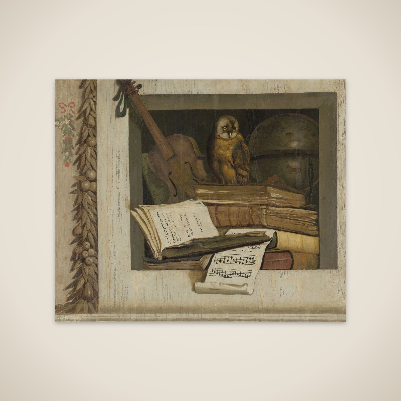 Still Life with Books, Sheet Music, Violin, Celestial Globe and an Owl unframed print