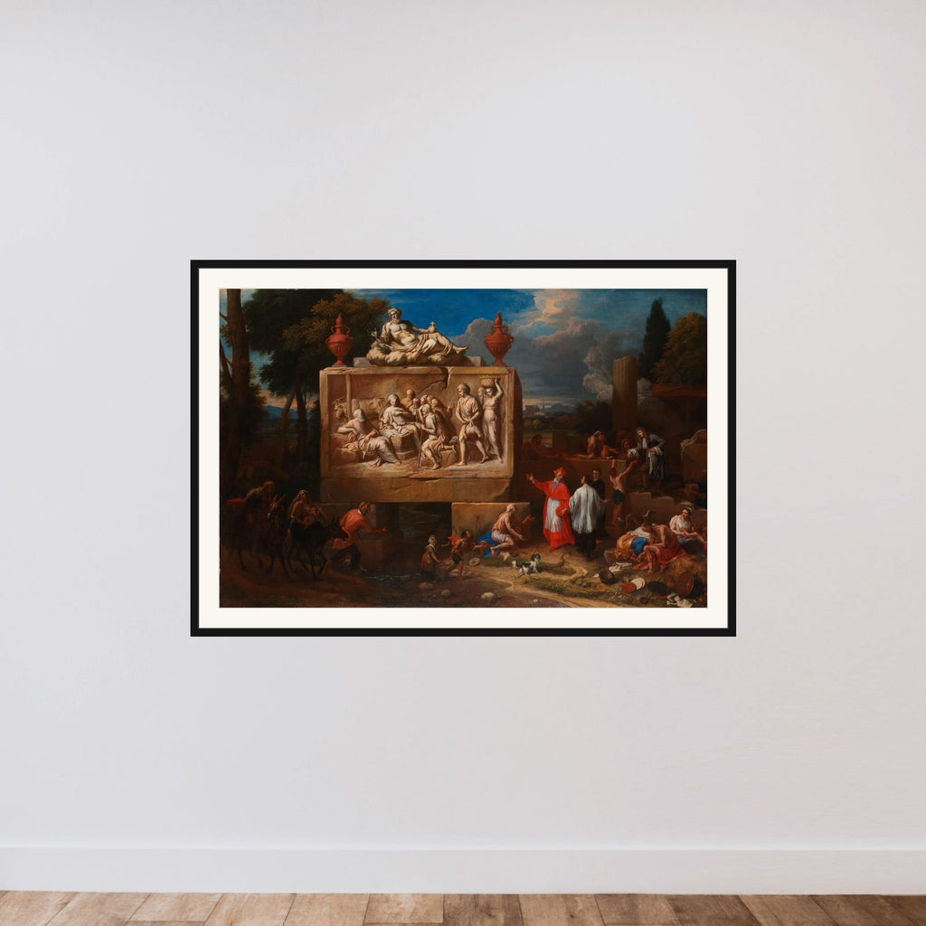 Fantasy Landscape with Saint Charles Borromeo framed — shown to scale